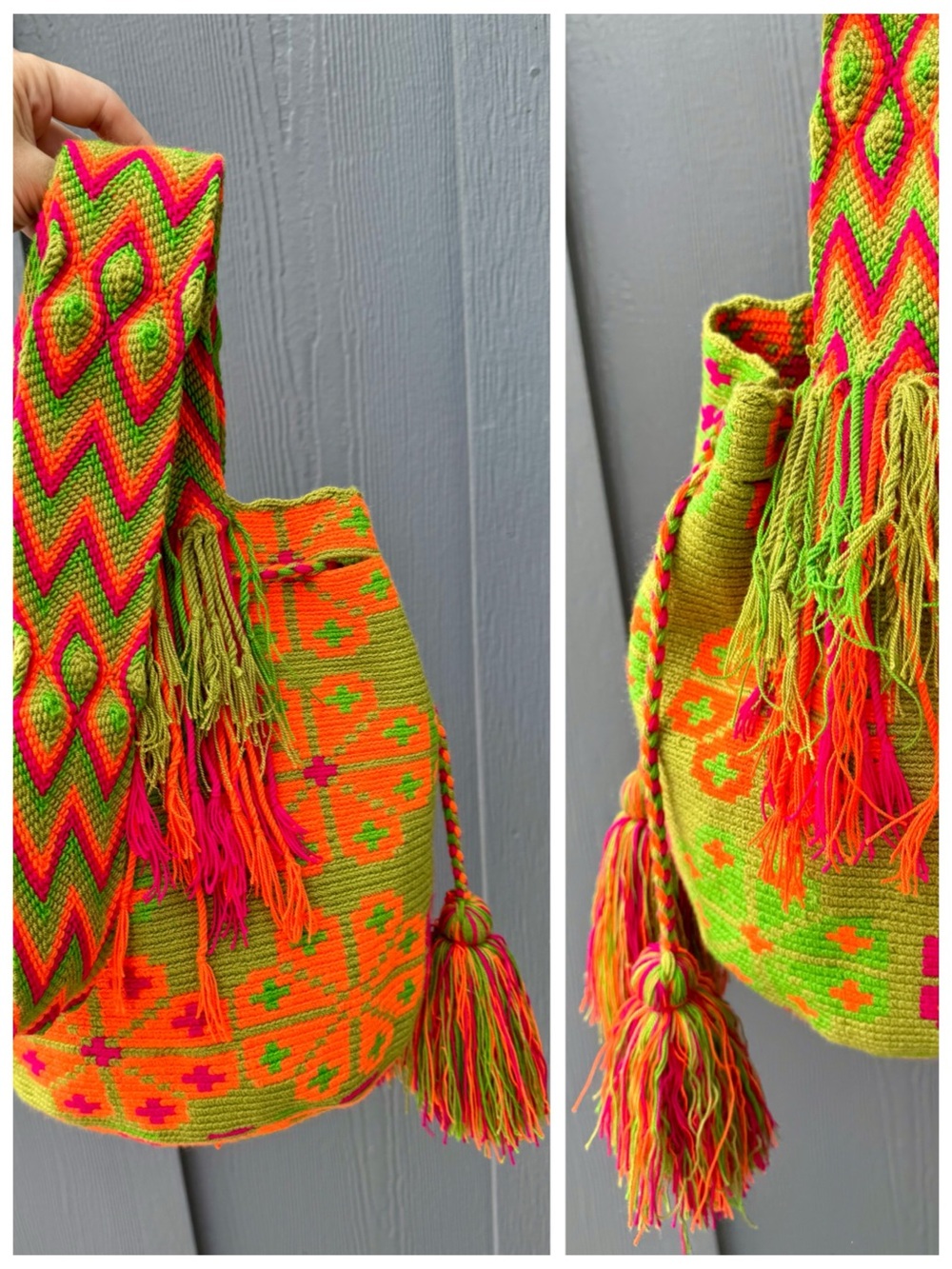 Colombian Wayuu Mochila Crossbody Bag | Green & Neon Pink Knit (Handwoven Boho) - Picture 9 of 17